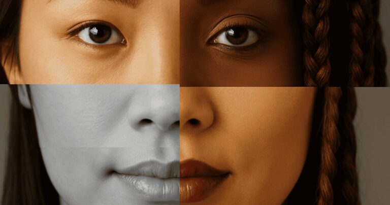 Diverse close-up of two faces blended together.